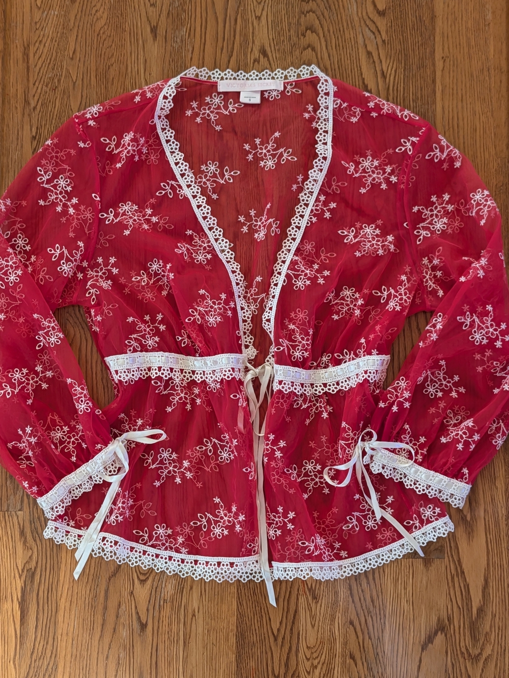 Y2K Victoria's Secret Red Mesh Floral Embroidered 3/4 Sleeve Cover Up Top